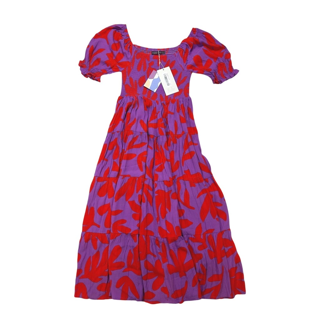 Mister Zimi Fleur Maxi Dress Maple Purple‎ Red Leaf Print Smocked Puff Sleeve